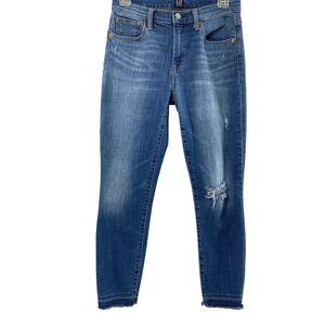 Gap Skinny‎ Jeans Womens 27 Medium Wash Denim Distressed Destroyed Raw Hem